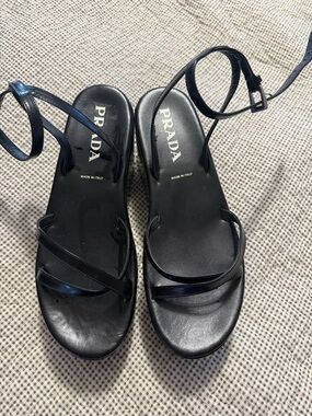 Prada Black Leather Strappy Ankle-Tie Sandals